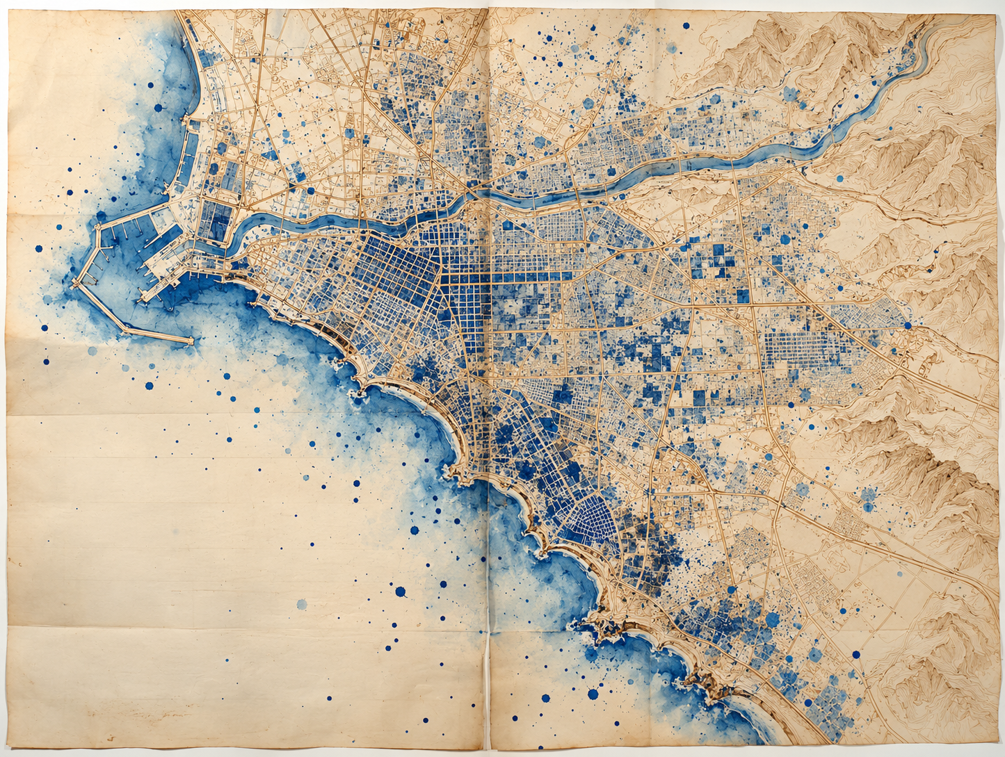 Illustrated cyanotype map of Lima with its Pacific coastline and the Rímac River