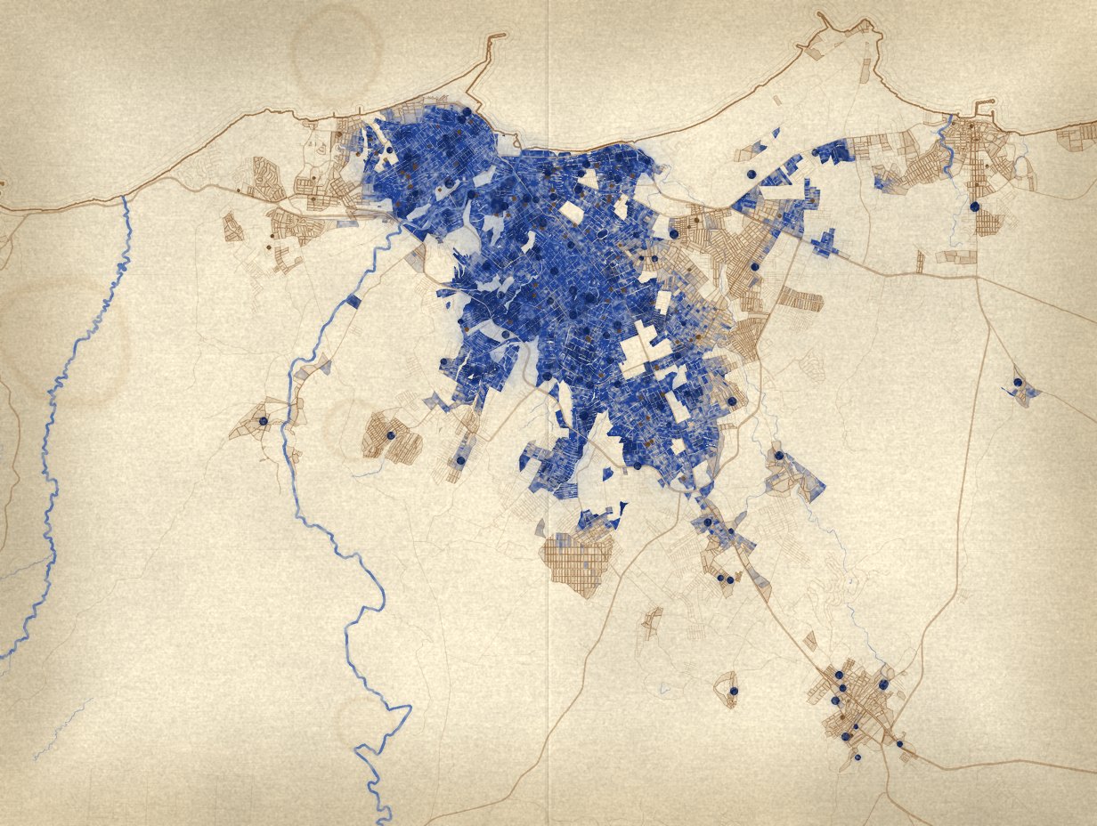 Cyanotype map of Manta, Ecuador: the city spreads along the Pacific coast with Montecristi inland to the southeast, indigo blocks where schools cluster and a dot for each school