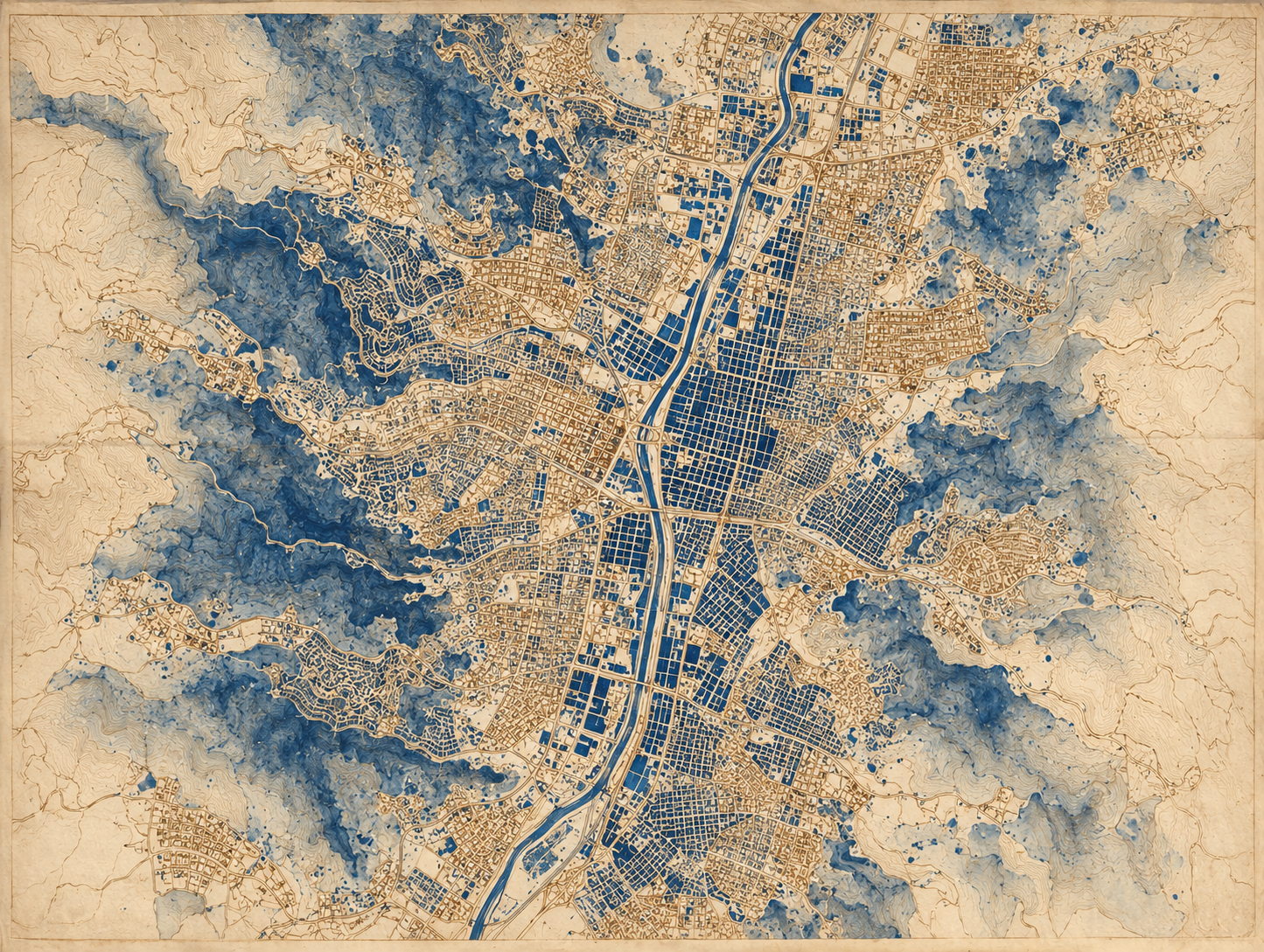 Illustrated cyanotype map of Medellín and its river corridor in the Aburrá Valley