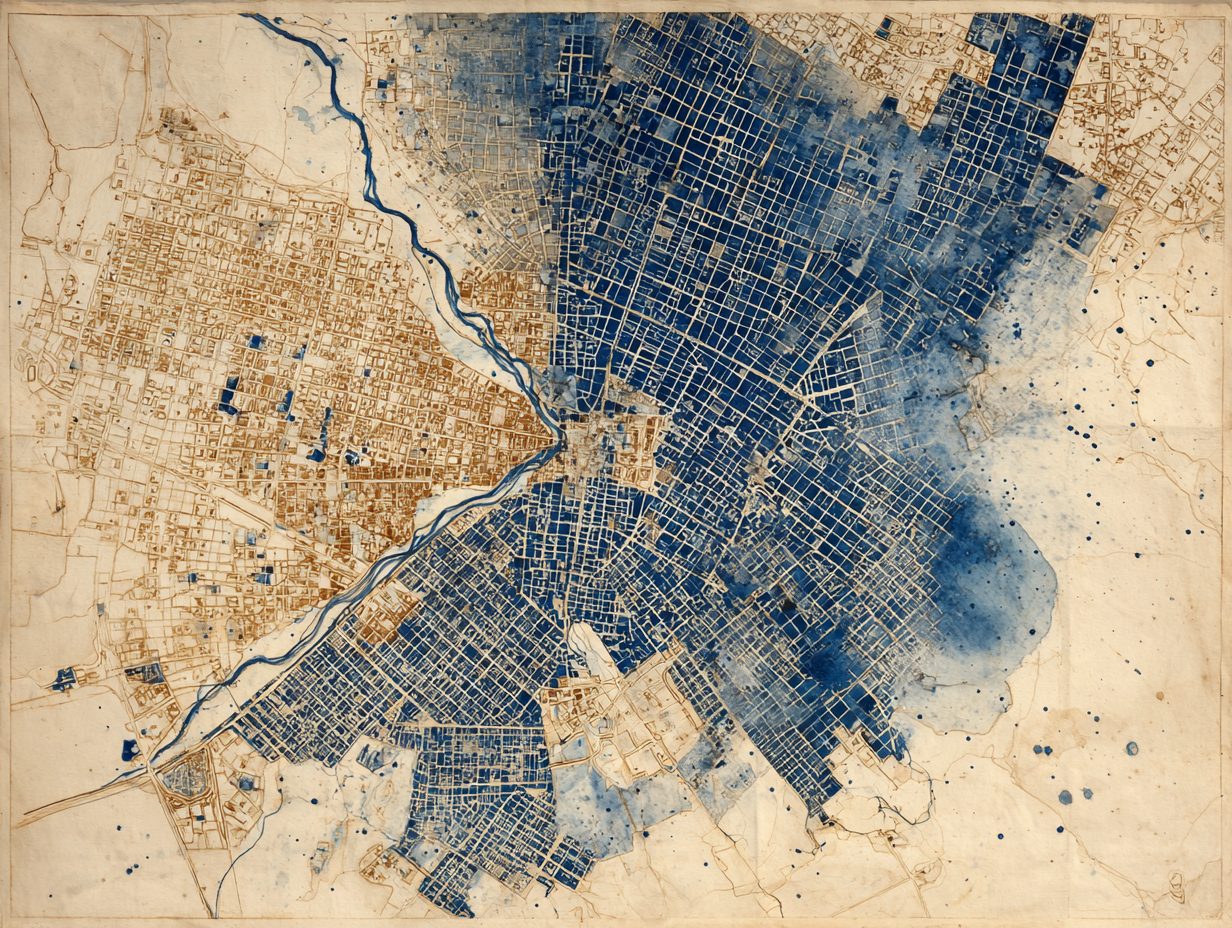 Aerial cyanotype map of Santiago de Chile, Mapocho river running northwest to southeast across the city