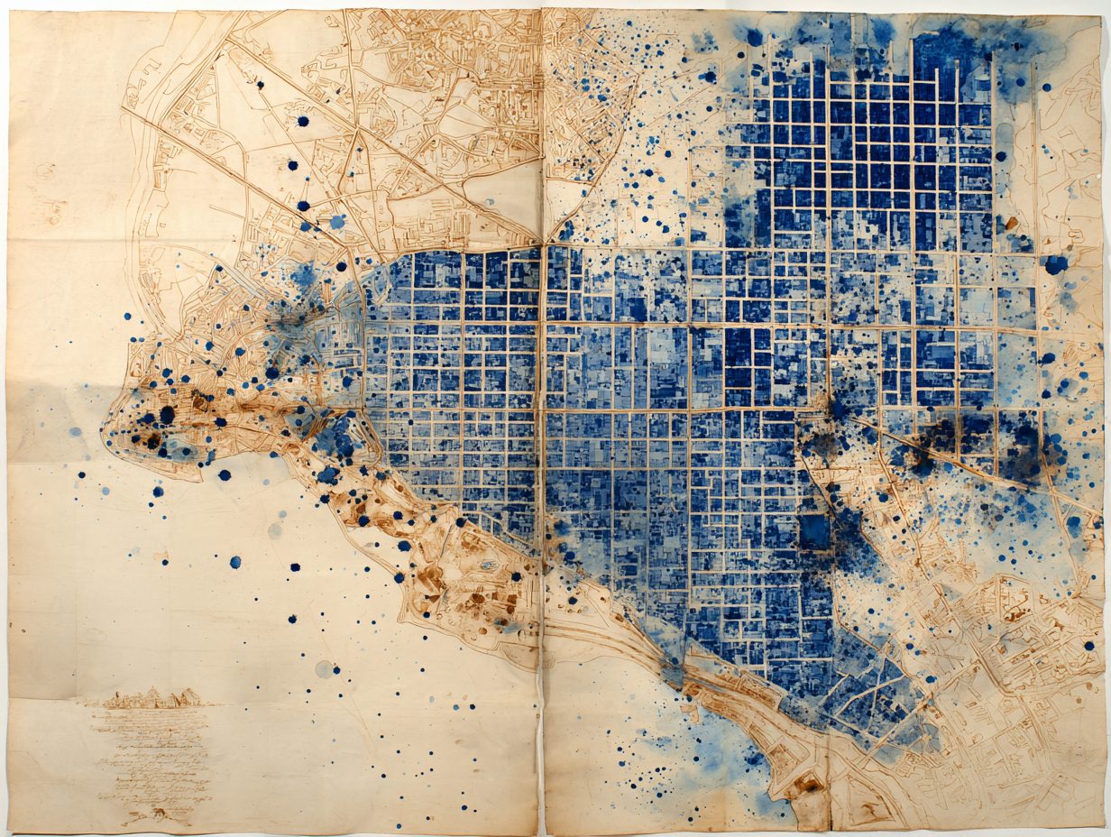 Aerial cyanotype map of Santo Domingo with the Caribbean coastline and the colonial-era urban grid
