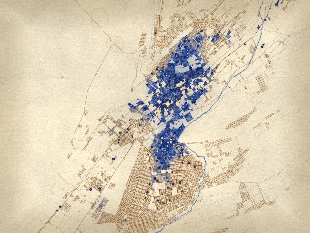 Cyanotype map of Tacna, Peru: the city runs northeast to southwest along the Caplina river, indigo blocks where schools cluster in the centre and a dot for each school