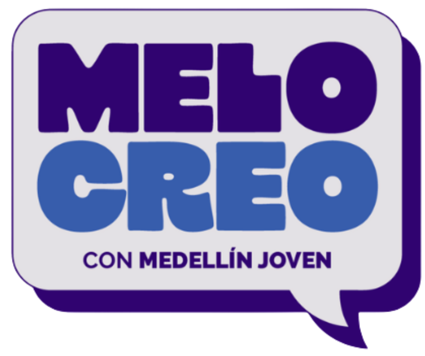 Original MELO CREO speech-bubble wordmark in purple and blue, with the line Con Medellín Joven