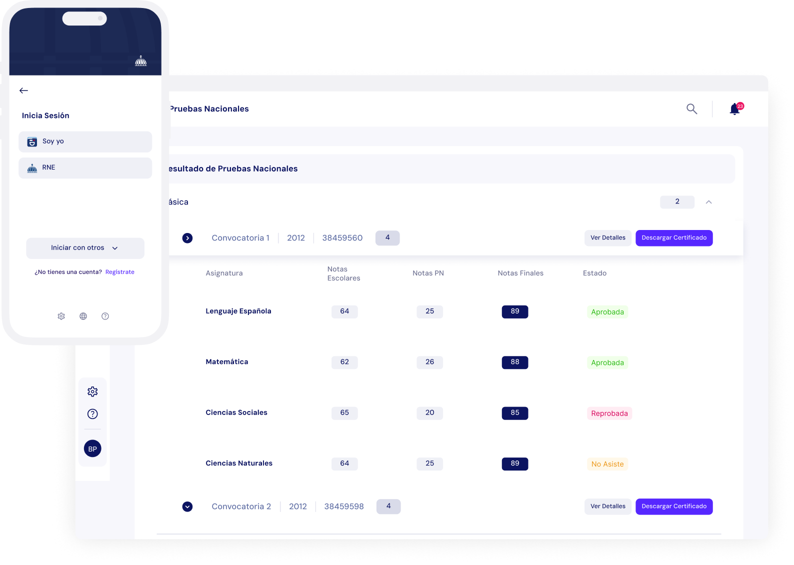 Product design preview of the Pruebas Nacionales results interface on phone and desktop